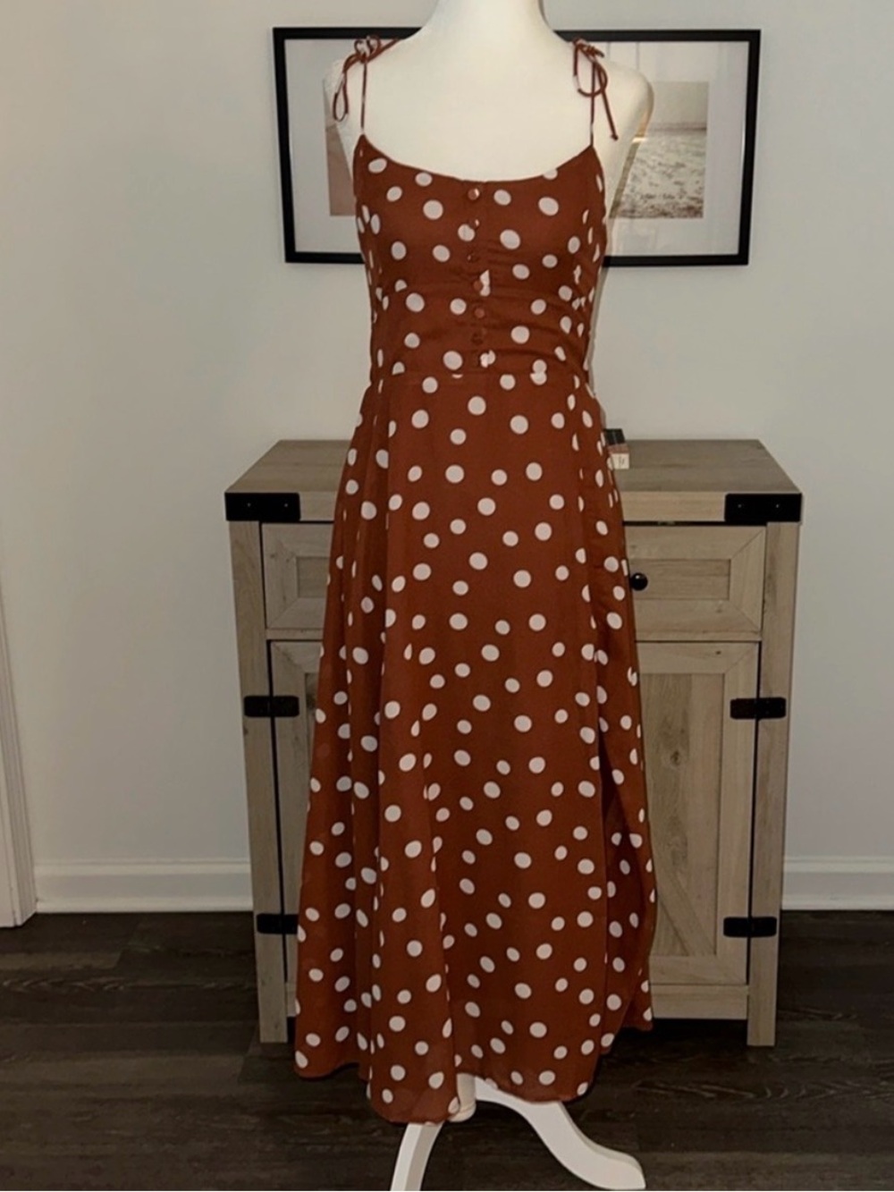 Abercrombie & Fitch Rust Polka Dot Tie-Shoulder Maxi Dress